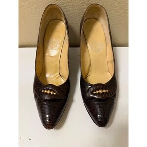 Vintage I. Miller Brown Lizagator Lizard Skin Pointed Toe Pumps Gold Bead 7.5 AA